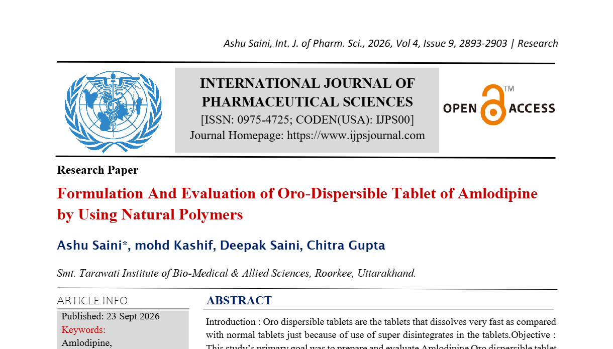 Formulation And Evaluation of Oro-Dispersible Tablet of Amlodipine by Using Natural Polymers