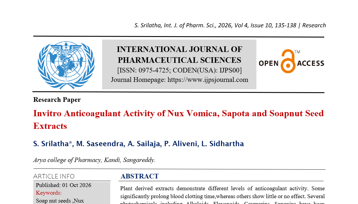 Invitro Anticoagulant Activity of Nux Vomica, Sapota and Soapnut Seed Extracts