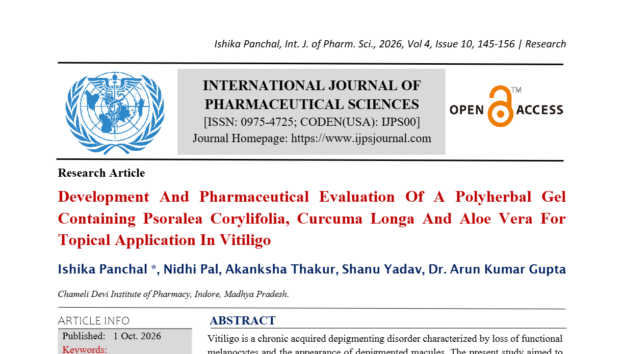 Development And Pharmaceutical Evaluation Of A Polyherbal Gel Containing Psoralea Corylifolia, Curcuma Longa And Aloe Vera For Topical Application In Vitiligo
