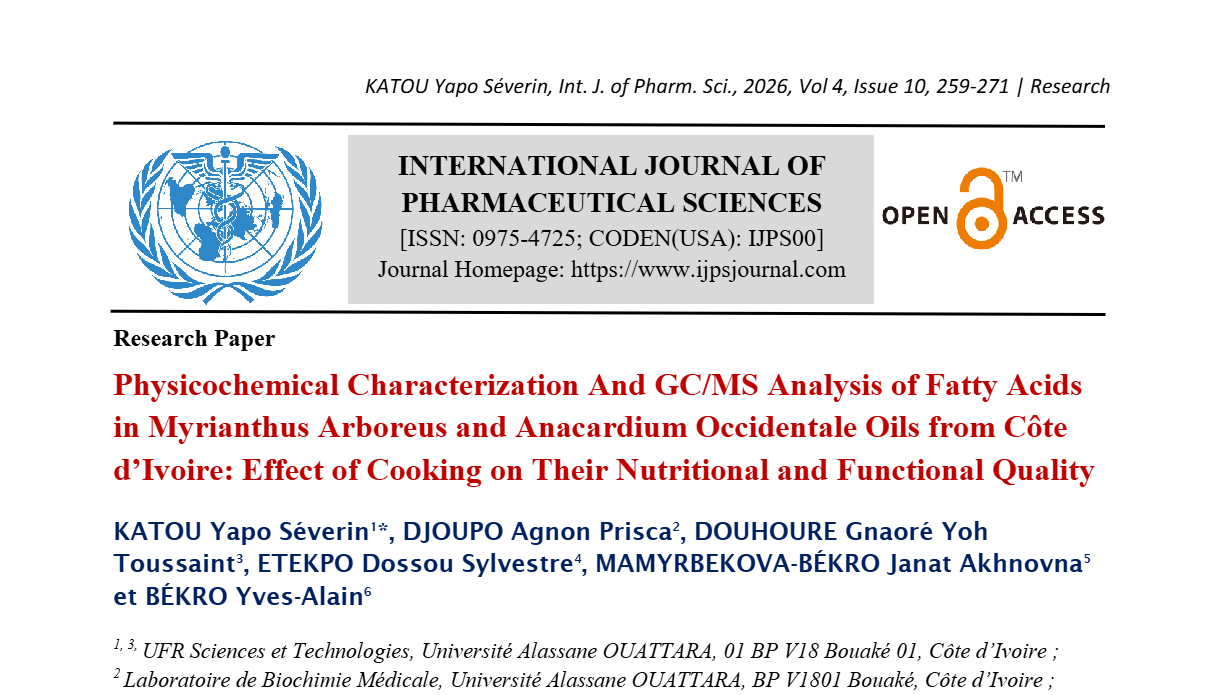 Physicochemical characterization and GC/MS analysis of fatty acids in Myrianthus arboreus and Anacardium occidentale oils from Côte d'Ivoire : effect of cooking on their nutritional and functional quality