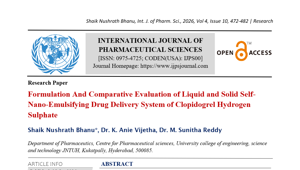Formulation And Comparative Evaluation of Liquid and Solid Self-Nano-Emulsifying Drug Delivery System of Clopidogrel Hydrogen Sulphate