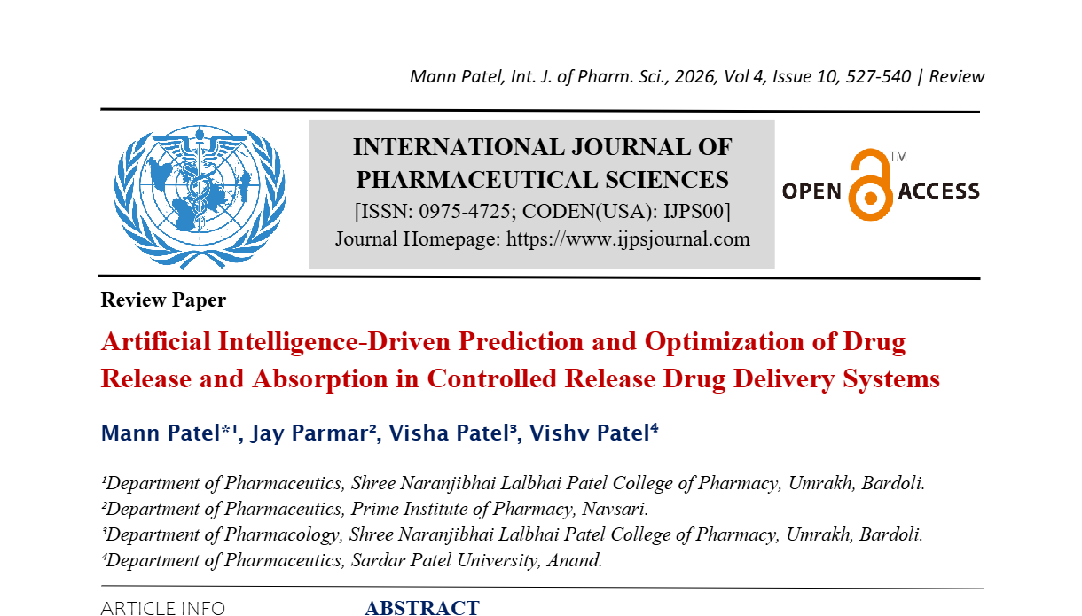 Artificial Intelligence-Driven Prediction and Optimization of Drug Release and Absorption In Controlled Release Drug Delivery Systems