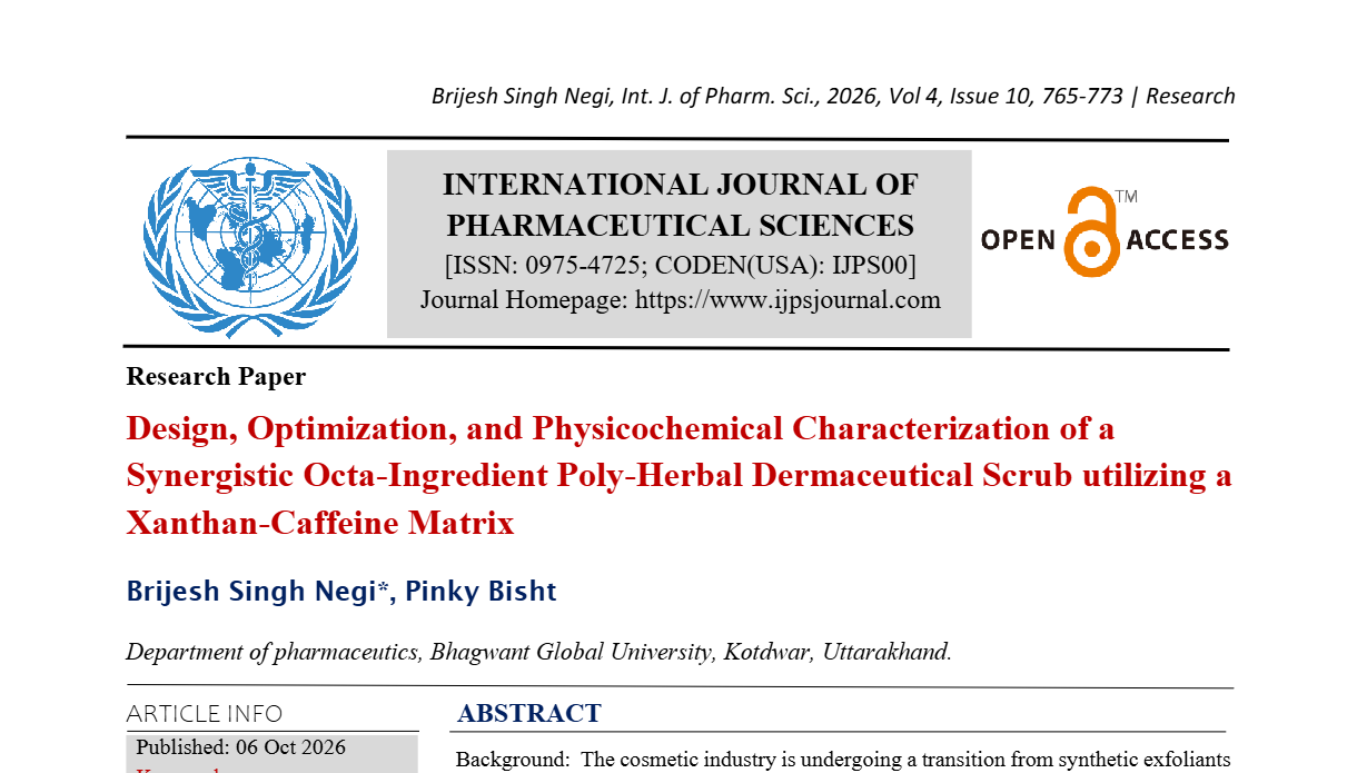 Design, Optimization, and Physicochemical Characterization of a Synergistic Octa-Ingredient Poly-Herbal Dermaceutical Scrub utilizing a Xanthan-Caffeine Matrix