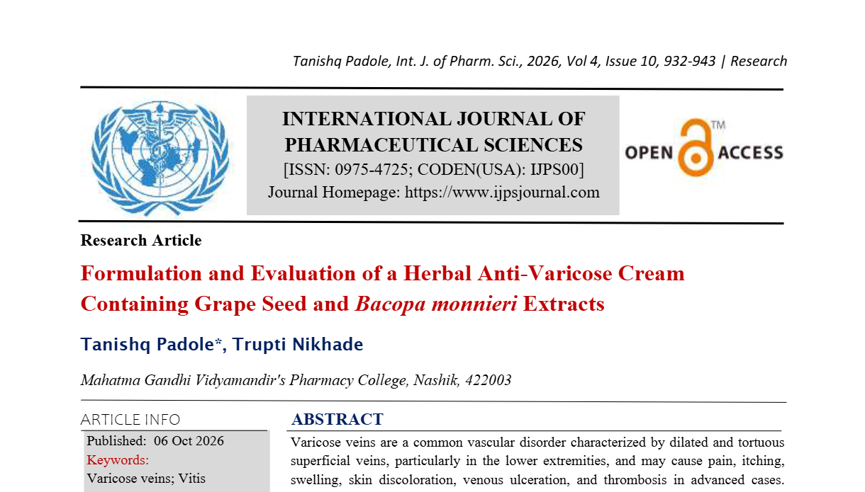 Formulation and Evaluation of a Herbal Anti-Varicose Cream Containing Grape Seed and Bacopa monnieri Extracts