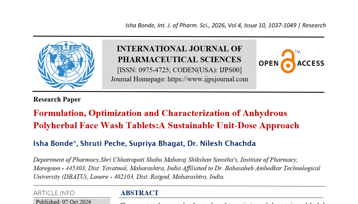 Formulation, Optimization And Characterization Of Anhydrous Polyherbal Face Wash Tablets: A Sustainable Unit-Dose Approach