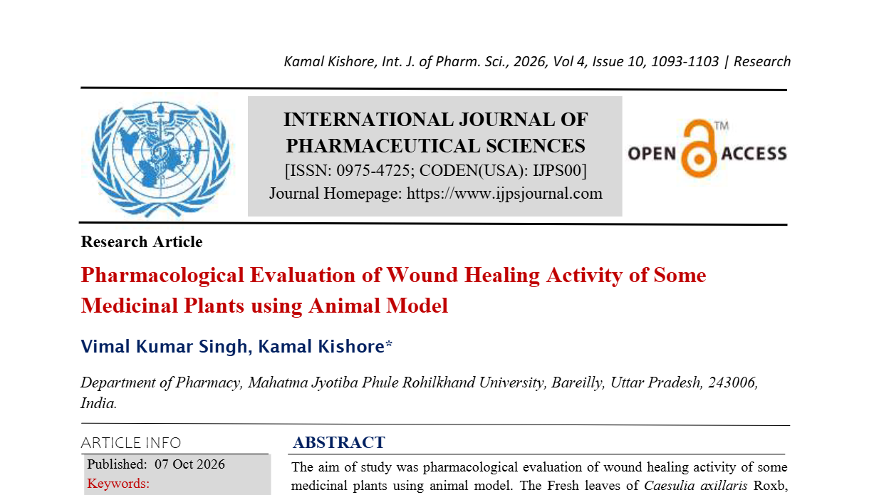 Pharmacological Evaluation of Wound Healing Activity of Some Medicinal Plants using Animal Model
