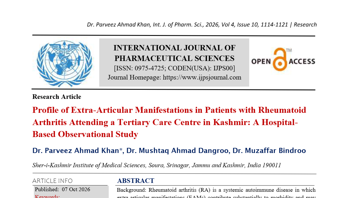 Profile of Extra-Articular Manifestations in Patients with Rheumatoid Arthritis Attending a Tertiary Care Centre in Kashmir: A Hospital-Based Observational Study