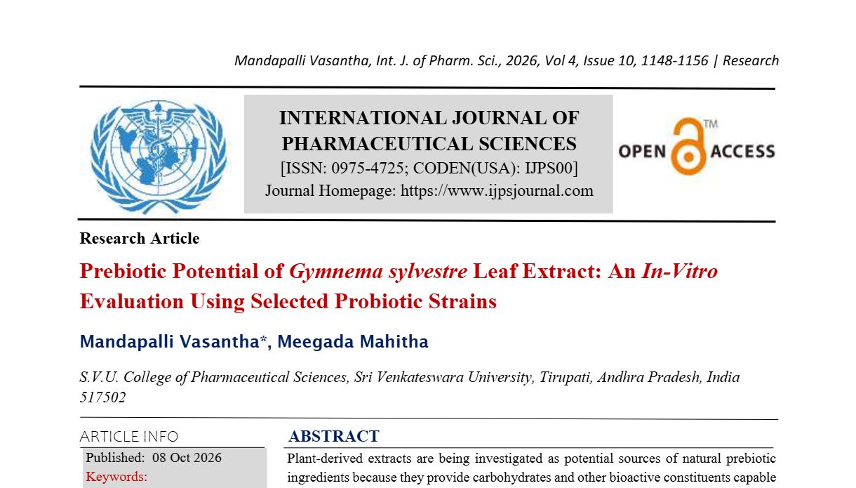 Prebiotic Potential of Gymnema sylvestre Leaf Extract: An In-Vitro Evaluation Using Selected Probiotic Strains
