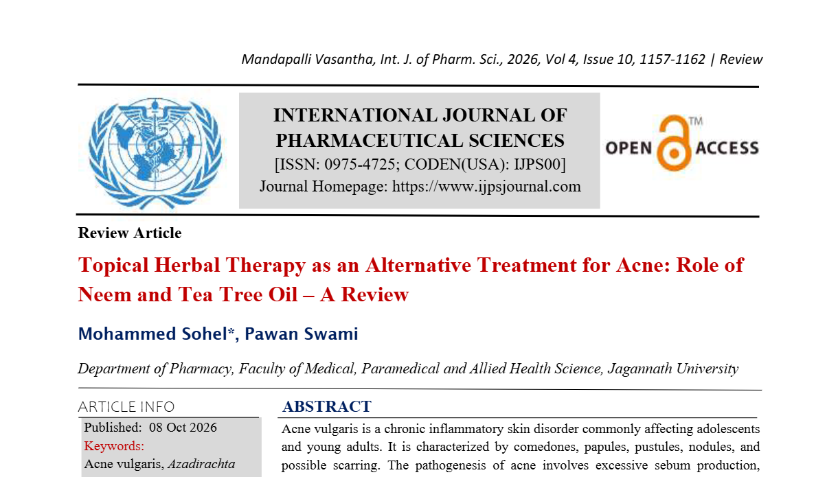 Topical Herbal Therapy as an Alternative Treatment for Acne: Role of Neem and Tea Tree Oil – A Review