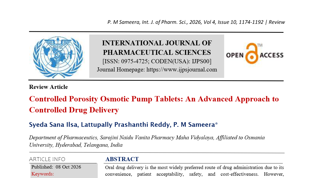 Controlled Porosity Osmotic Pump Tablets: An Advanced Approach to Controlled Drug Delivery