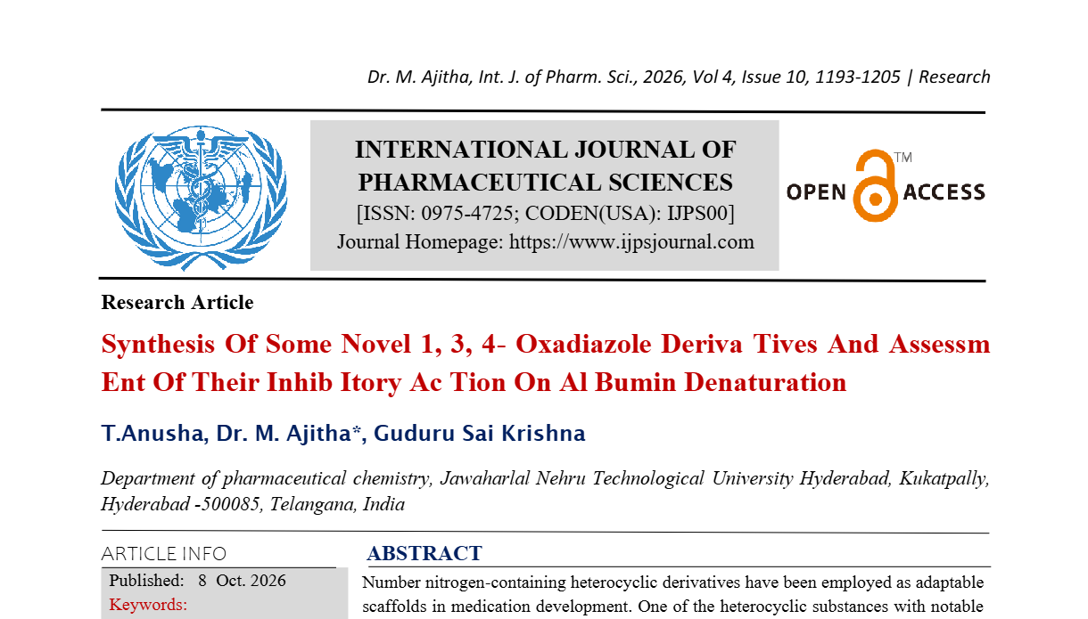 Synthesis Of Some Novel 1, 3, 4- Oxadiazole Deriva Tives And Assessm Ent Of Their Inhib Itory Ac Tion On Al Bumin Denaturation