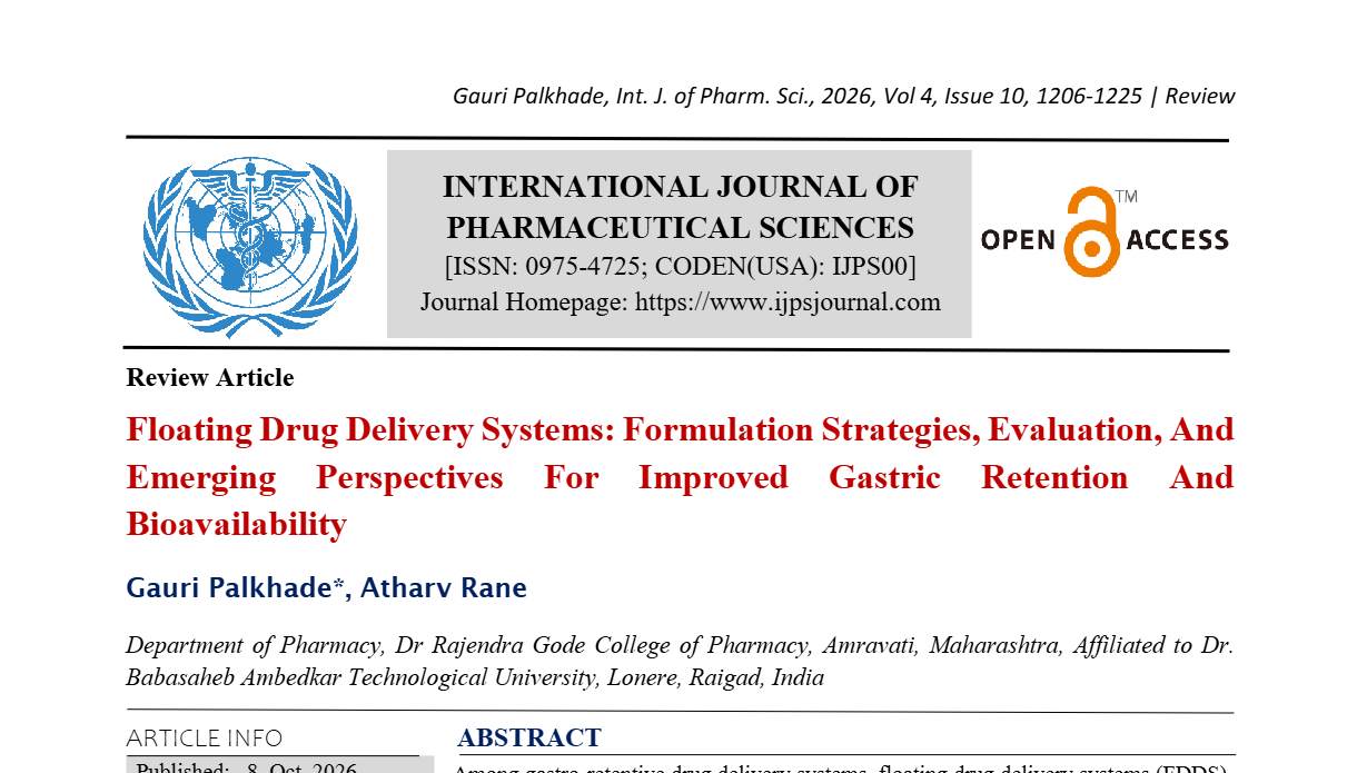 Floating Drug Delivery Systems: Formulation Strategies, Evaluation, And Emerging Perspectives For Improved Gastric Retention And Bioavailability