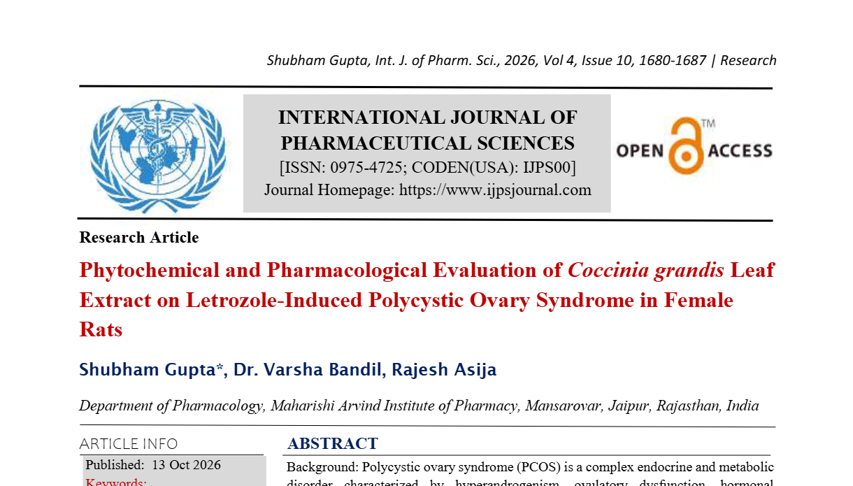 Phytochemical and Pharmacological Evaluation of Coccinia grandis Leaf Extract on Letrozole-Induced Polycystic Ovary Syndrome in Female Rats