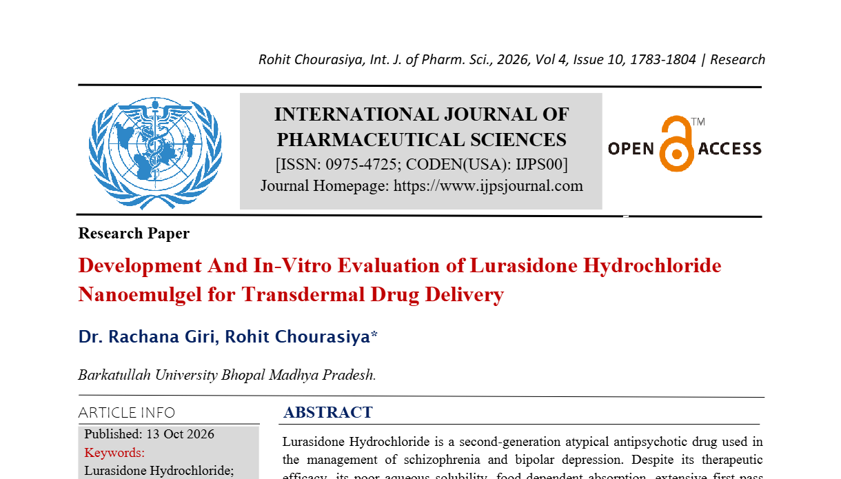 Development And In-Vitro Evaluation Of Lurasidone Hydrochloride Nanoemulgel For Transdermal Drug Delivery