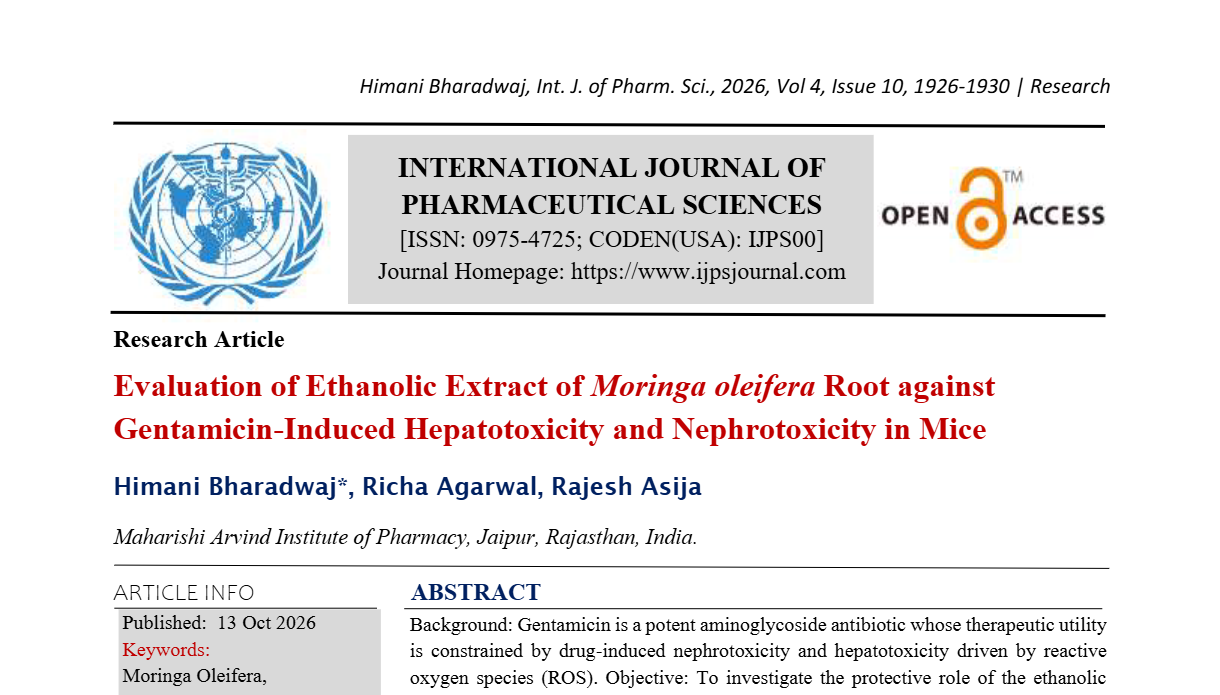 Evaluation of Ethanolic Extract of Moringa oleifera Root against Gentamicin-Induced Hepatotoxicity and Nephrotoxicity in Mice