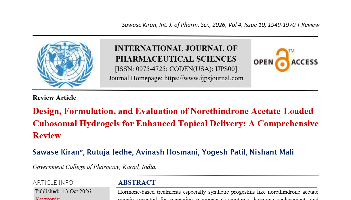 Design, Formulation, and Evaluation of Norethindrone Acetate-Loaded Cubosomal Hydrogels for Enhanced Topical Delivery: A Comprehensive Review