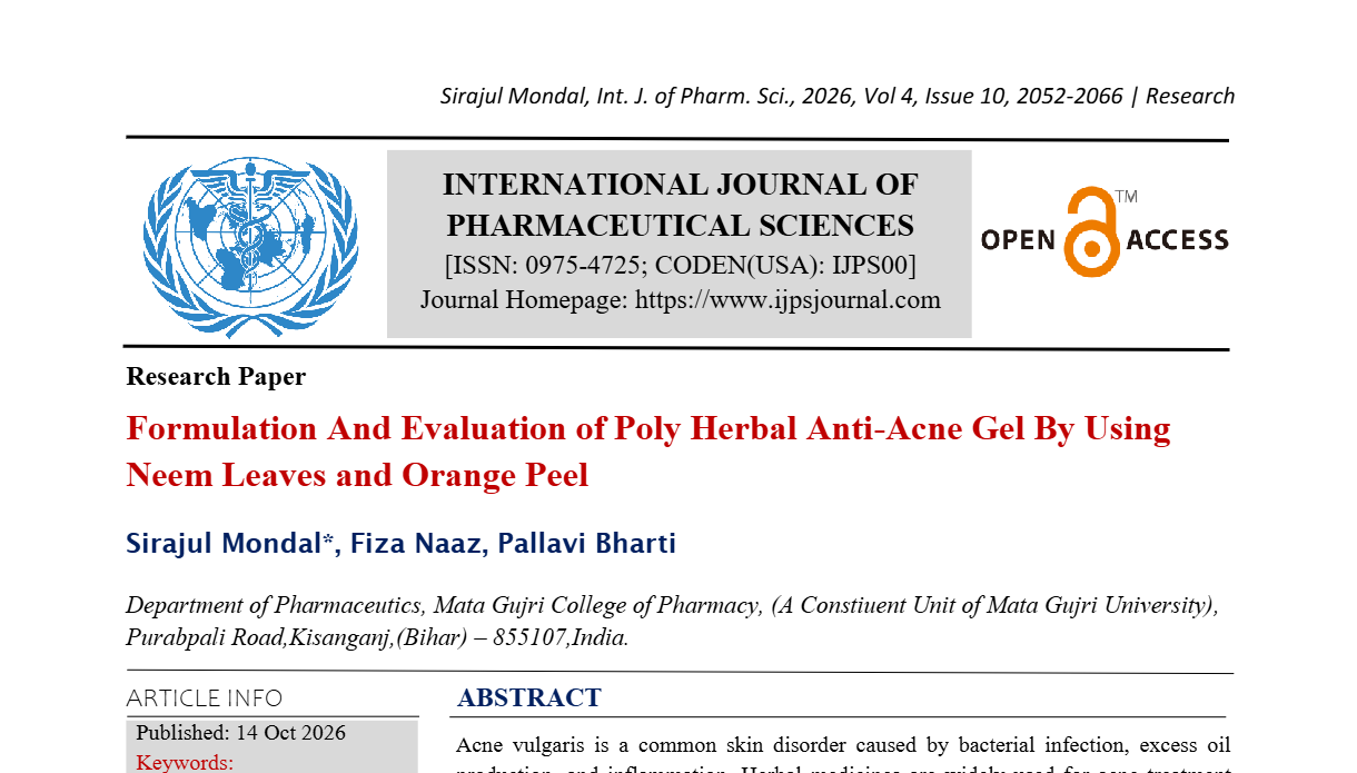 Formulation And Evaluation of Poly Herbal Anti-Acne Gel By Using Neem Leaves and Orange Peel