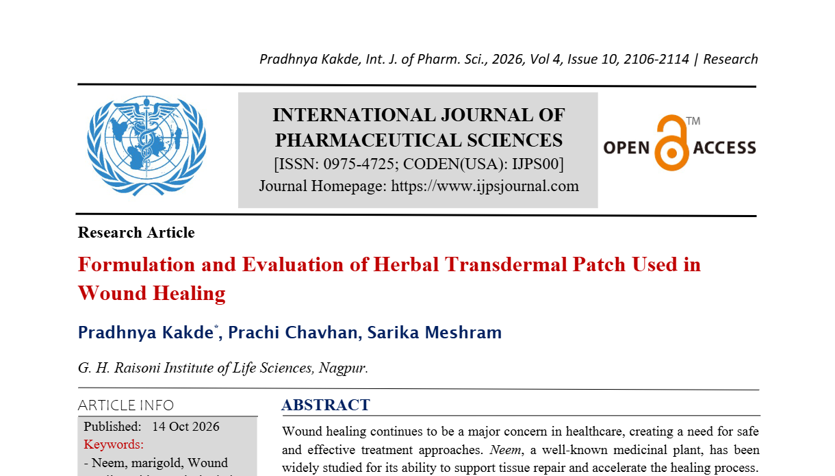 Formulation and Evaluation of Herbal Transdermal Patch Used in Wound Healing