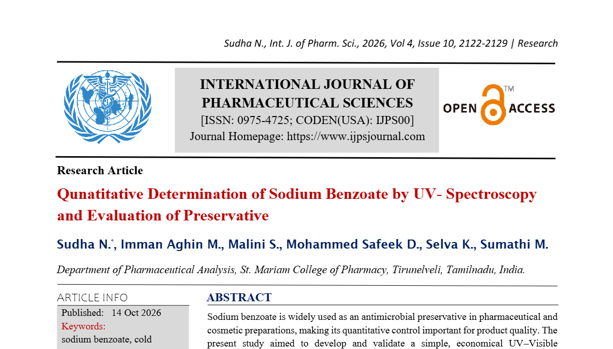 Quantitative Determination of Sodium Benzoate by UV- Spectroscopy and evaluation of Preservative