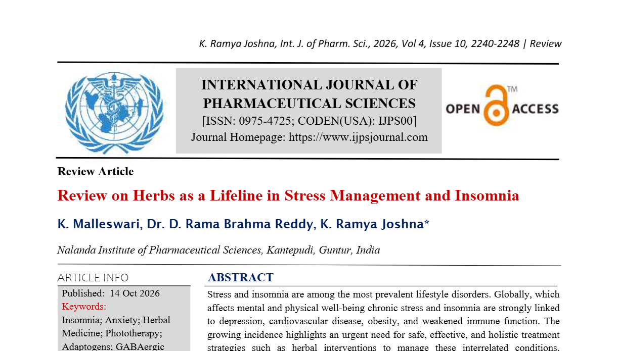 Review on Herbs as a Lifeline in Stress Management and Insomnia