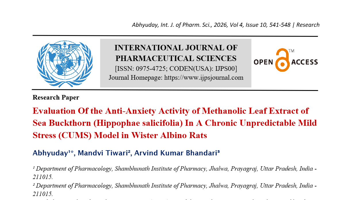 Evaluation Of the Anti Anxiety Activity of Methanolic Leaf Extract Of Sea Buckthorn (Hippophae salicifolia) In A Chronic Unpredictable Mild Stress (CUMS) Model In Wister Albino Rats