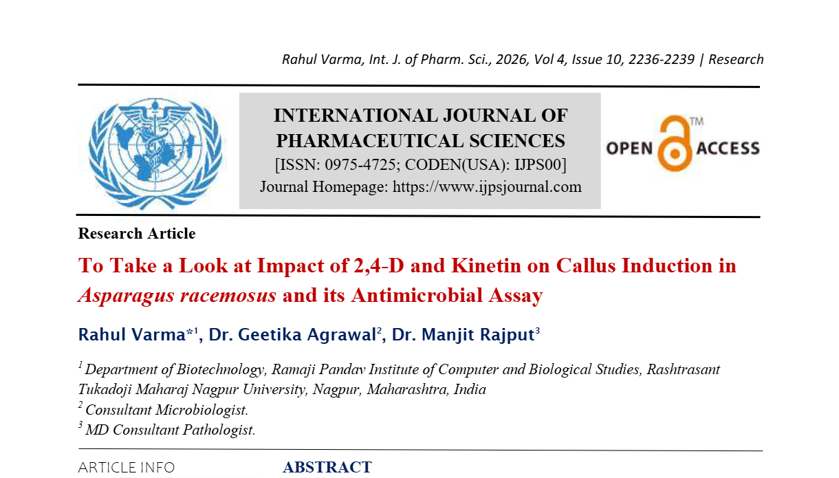 To Take a Look at Impact of 2,4-D and Kinetin on Callus Induction in Asparagus racemosus and its Antimicrobial Assay