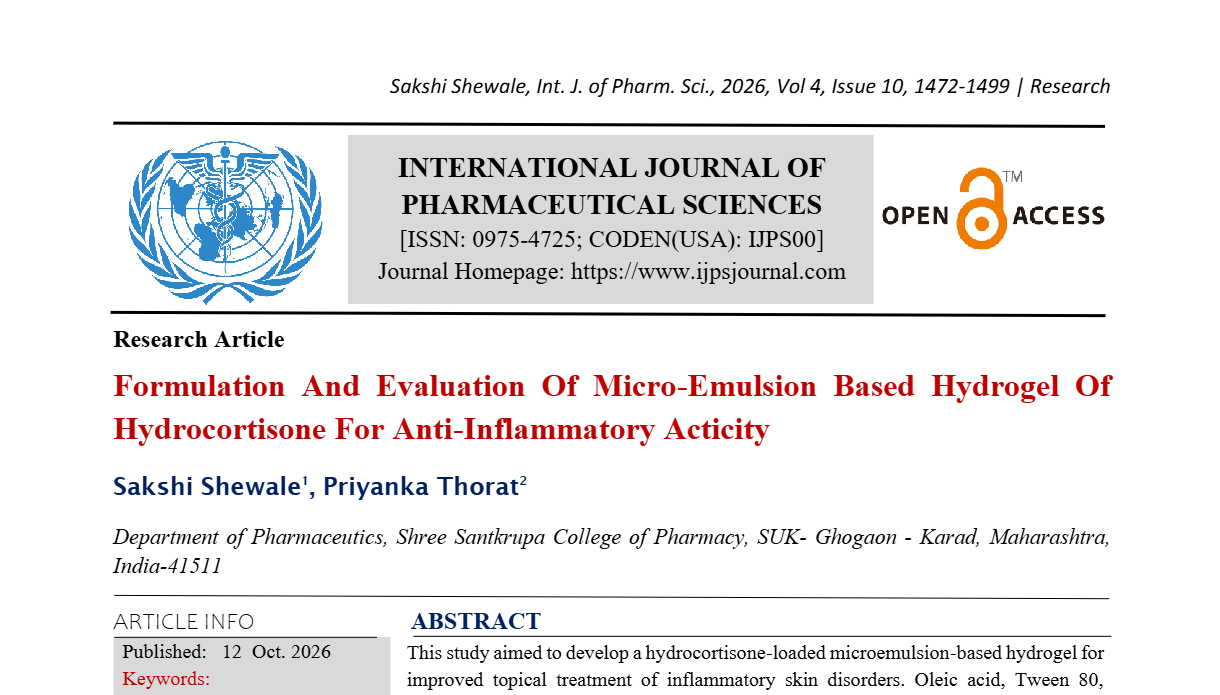 Formulation And Evaluation Of Micro-Emulsion Based Hydrogel Of Hydrocortisone For Anti-Inflammatory Acticity