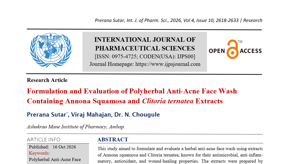 Formulation and Evaluation of Polyherbal Anti-Acne Face Wash Containing Annona Squamosa and Clitoria ternatea Extracts