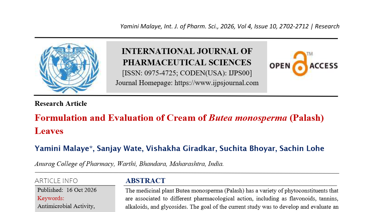 Formulation and Evaluation of Cream of Butea monosperma (Palash) Leaves