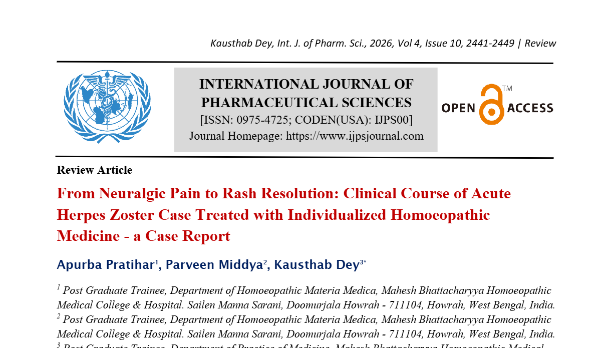 From Neuralgic Pain to Rash Resolution: Clinical Course of Acute Herpes Zoster Case Treated with Individualized Homoeopathic Medicine - a Case Report