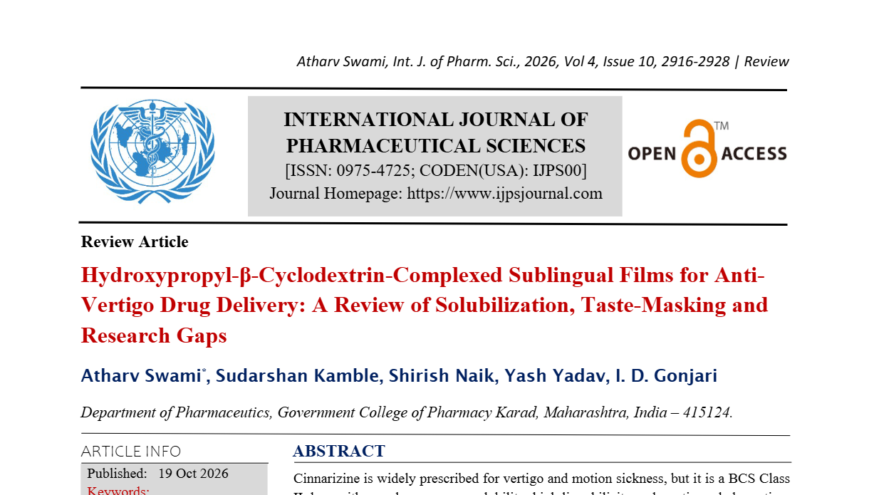 Hydroxypropyl-?-Cyclodextrin-Complexed Sublingual Films for Anti-Vertigo Drug Delivery: A Review of Solubilization, Taste-Masking and Research Gaps