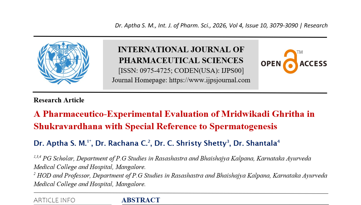 A Pharmaceutico-Experimental Evaluation of Mridwikadi Ghritha in Shukravardhana with Special Reference to Spermatogenesis