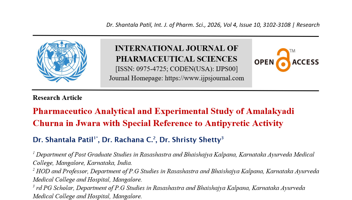 Pharmaceutico Analytical and Experimental Study of Amalakyadi Churna in Jwara with Special Reference to Antipyretic Activity