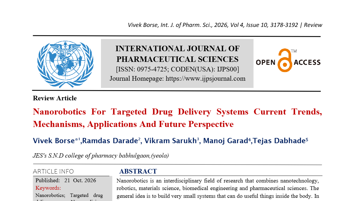 Nanorobotics For Targeted Drug Delivery Systems Current Trends, Mechanisms, Applications And Future Perspective