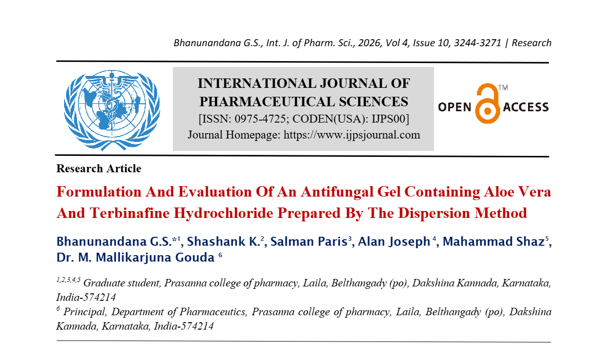 Formulation And Evaluation Of An Antifungal Gel Containing Aloe Vera And Terbinafine Hydrochloride Prepared By The Dispersion Method